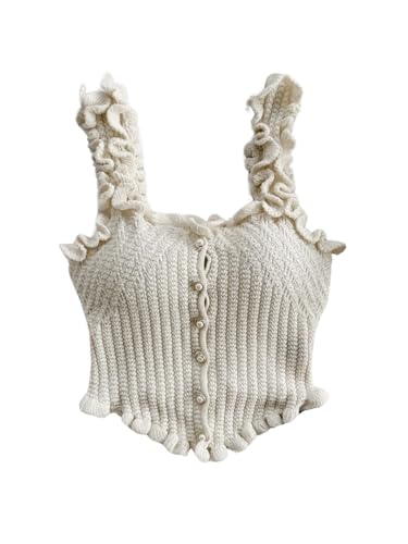 GORGLITTER Women's Pearl Knit Crop Tops Beaded Asymmetrical Button